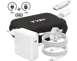USB-C & Lightning oplader 87W - EU & UK Stekker, 180cm lang & Opbergtas - Voor iPhone 13/14/15/16/17, MacBook, Samsung, Laptop en Tablet - TYZA