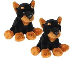 2x stuks pluche bruin met zwarte doberman knuffel 13 cm - Dobermannen honden knuffels - Speelgoed voor kinderen