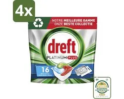 Dreft Platinum Plus - All In One - Vaatwascapsules - Fresh Herbal Breeze - 16 Afwasbeurten - Voordeelverpakking - 4 stuks - Schone vaat - Frisse geur