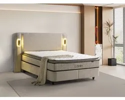 GiGi Bedding LOREN - Boxspring avec coffre de rangement - 180x200 - Beige - Avec éclairage - Matelas à ressorts ensachés