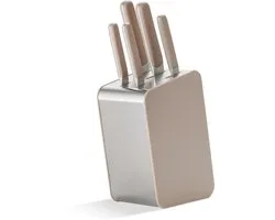 BergHOFF Home Elements Messenblok Set 6-delig – Koksmes, Vleesmes, Santoku, Kartelmes & Schilmes – Complete Messenset met Messenstandaard – Ergonomisch Handvat, Vaatwasbestendig & Roestvrijstale Messen – Sand