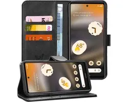 Google Pixel 6a Case - Book Case Cuir Wallet Cover Wallet Card Holder Case Zwart