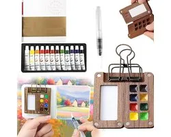 Mini Aquarelverfset voor reizen - draagbaar palet met 8 roosters - Mini Houten Palet Box - Pocket Reizen Verf Tray Doos - met Metalen Clip - 12 kleuren aquarelschilderpalet met aquarelpenselen - waterverf schetsboek