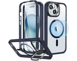 ESR Armor Tough HaloLock Hoesje Geschikt voor Apple iPhone 15 | Compatibel met MagSafe | met Stash Stand Kickstand | Full Protect | Extra Camera Bescherming | Transparant Blauw