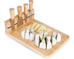Kaasplank met Kaasmes Bamboe 5 delig - Serveerplank - Kaasmessen - Set - Hapjesplank - Mesjes - Snijplank