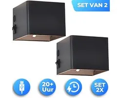 Set 2x Vitij Wandlamp Oplaadbaar - Met Licht/Donker Sensor - Binnen - Verlengde Accuduur tot 20 uur - Woonkamer en Slaapkamer - Wandlampen - Trapverlichting - Bevestiging Zonder Boren - Plakstrip - USB-C - Zwart