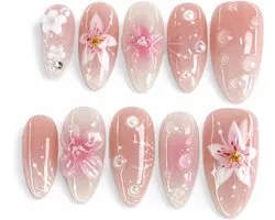 Press on Nails roze, 24 stuks amandelvorm met 3D-bloemen