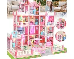 Maison de poupée Villa Princesse - Château Jouet - 4 Étages & 11 Chambres - À Assembler Soi-Même - Ensemble Complet de Meubles & 4 Poupées - Pour Enfants à partir de 6 Ans & Cadeau