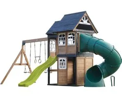 AXI Noud Aire de jeux avec cabane, balançoires, trapèze, mur d'escalade – Avec banc – Toboggan vert citron – Avec toboggan tubulaire – Bois FSC 100 % – Aire de jeux pour le jardin / l'extérieur