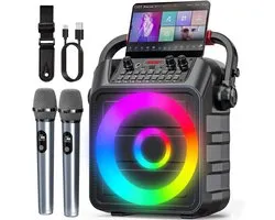 Allvia® Draadloze Microfoon met Box - Draadloze Microfoon - Microfoon Karaoke - Draagbare Bluetooth-Luidspreker met Dubbele 8 inch woofer - 2 Draadloze Microfoons - Zwart - 16cm x 24cm x 34cm
