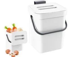 Bac à Compost - Petit Bac à Déchets de Cuisine - Conteneur à Déchets Biologiques Suspendu - Bac de Plan de Travail avec Couvercle - Intérieur - 3L Blanc