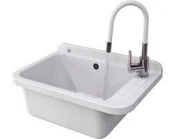 Granitan Gootsteen voor Garage Stookruimte Wasruimte Negra - Wit - met Sifon en Kraan - 58x38x26cm