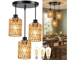 MUPOO Hanglamp Boho 3-Lichts - Ronde Rotan Verlichting - In hoogte verstelbaar - Farmhouse Kroonluchter - voor Eetkamer, Keuken & Woonkamer - met 3x E27 LED-lampen