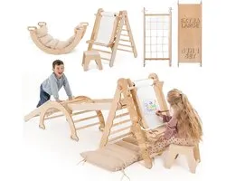 Cadre d'escalade 6-en-1 pour tout-petits - Triangle en bois, rampe d'escalade, filet et coussin, équipement de jeu Montessori, jouet d'escalade pliable pour enfants 1-7 ans