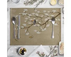 Beydodo Placemats Set van 2 slipvaste placemats 40x30 cm, wasbaar perzikboom met vogel