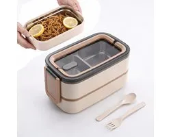 Fokelyi Lunchbox Roestvrij Staal - Broodtrommel- Magnetron - Bento Box- Dubbellaagse Lunchboxen -Lepel En Vork - Lekvrije RVS Broodtrommel-Lunchbox -Broodtrommel voor Kinderen & Volwassenen -Kaki
