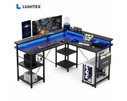 Lumitex Gaming Bureau L-Vormig 140x140 cm - RGB LED - 3 Stopcontacten - USB & USB-C - Monitorstandaard - Zwart