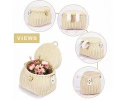 Panier de vélo pour enfants, panier de vélo avant tressé à la main pour filles et garçons avec couvercle et bandoulière pour vélo d'équilibre amovible, beige